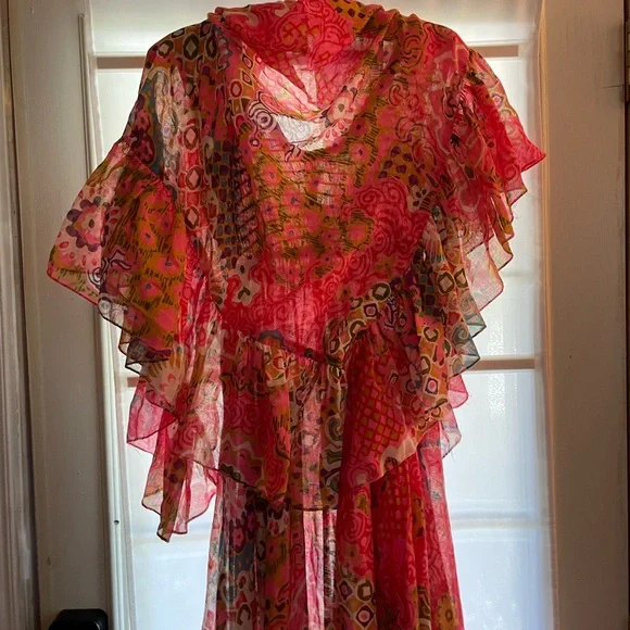 70s Sheer Boho Smocked Bodice Maxi Dress Full Sweep w Ruffled Wrap - Picture 4 of 8